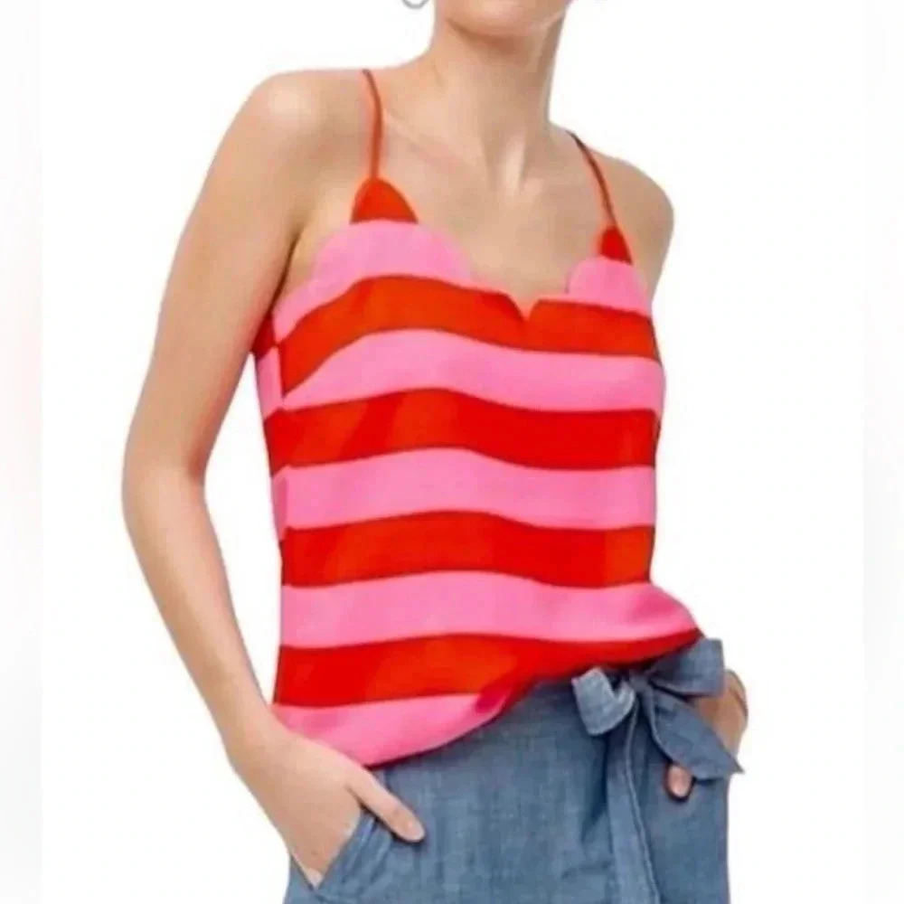 JCrew Striped Scalloped Racerback Top Pink